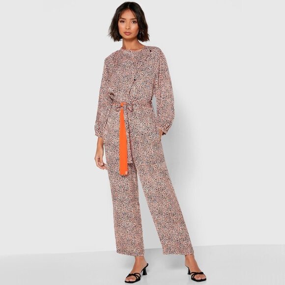 NWT French Connection orange, blue & white abstract spot print belted jumpsuit - Picture 5 of 12
